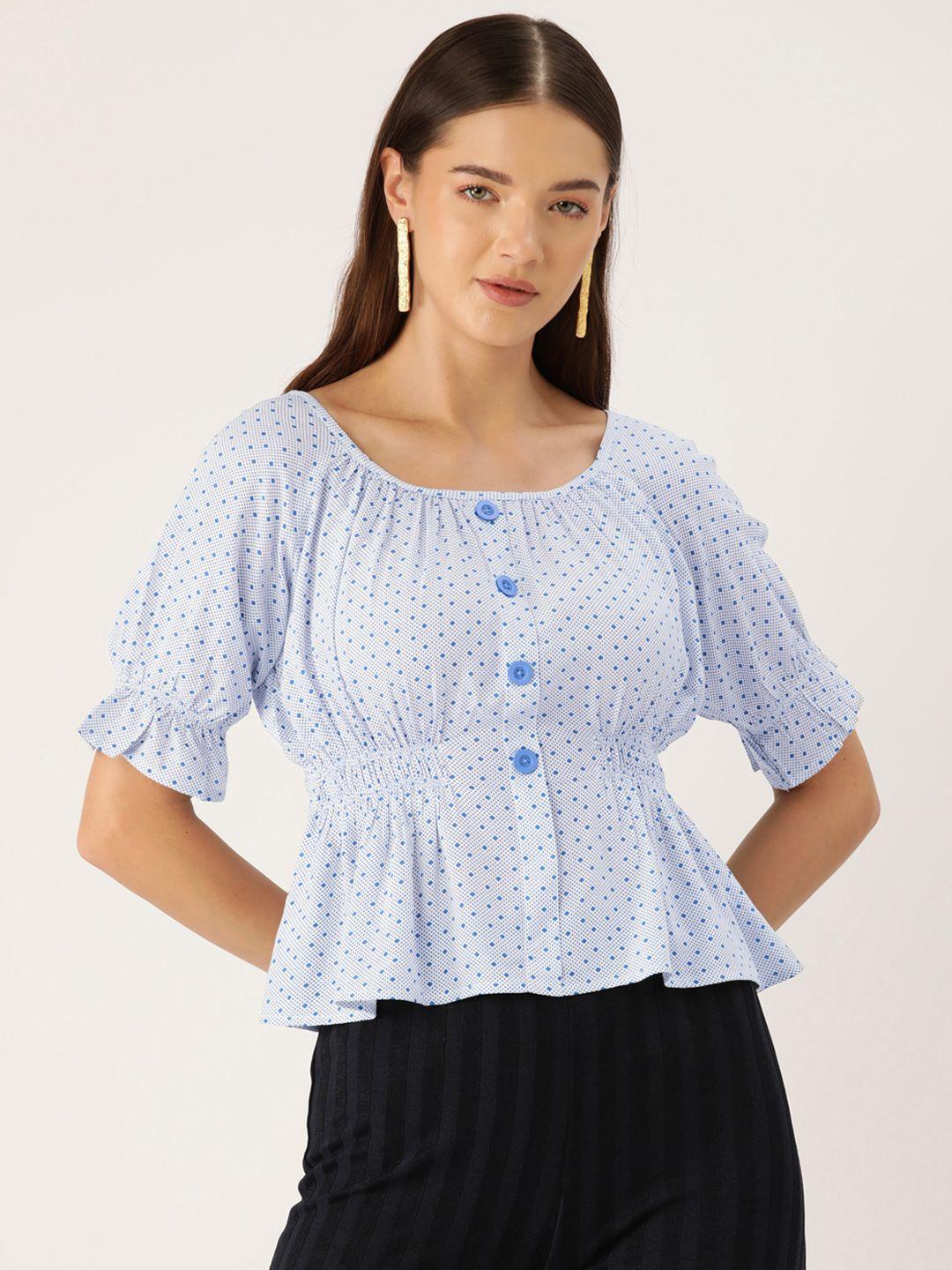 rue collection polka dots print puff sleeves peplum top