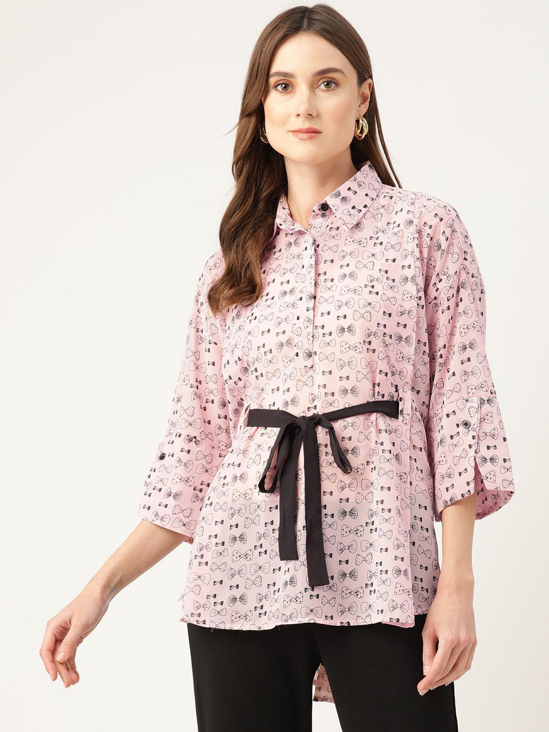 rue collection print georgette shirt style longline top with waist tie-ups