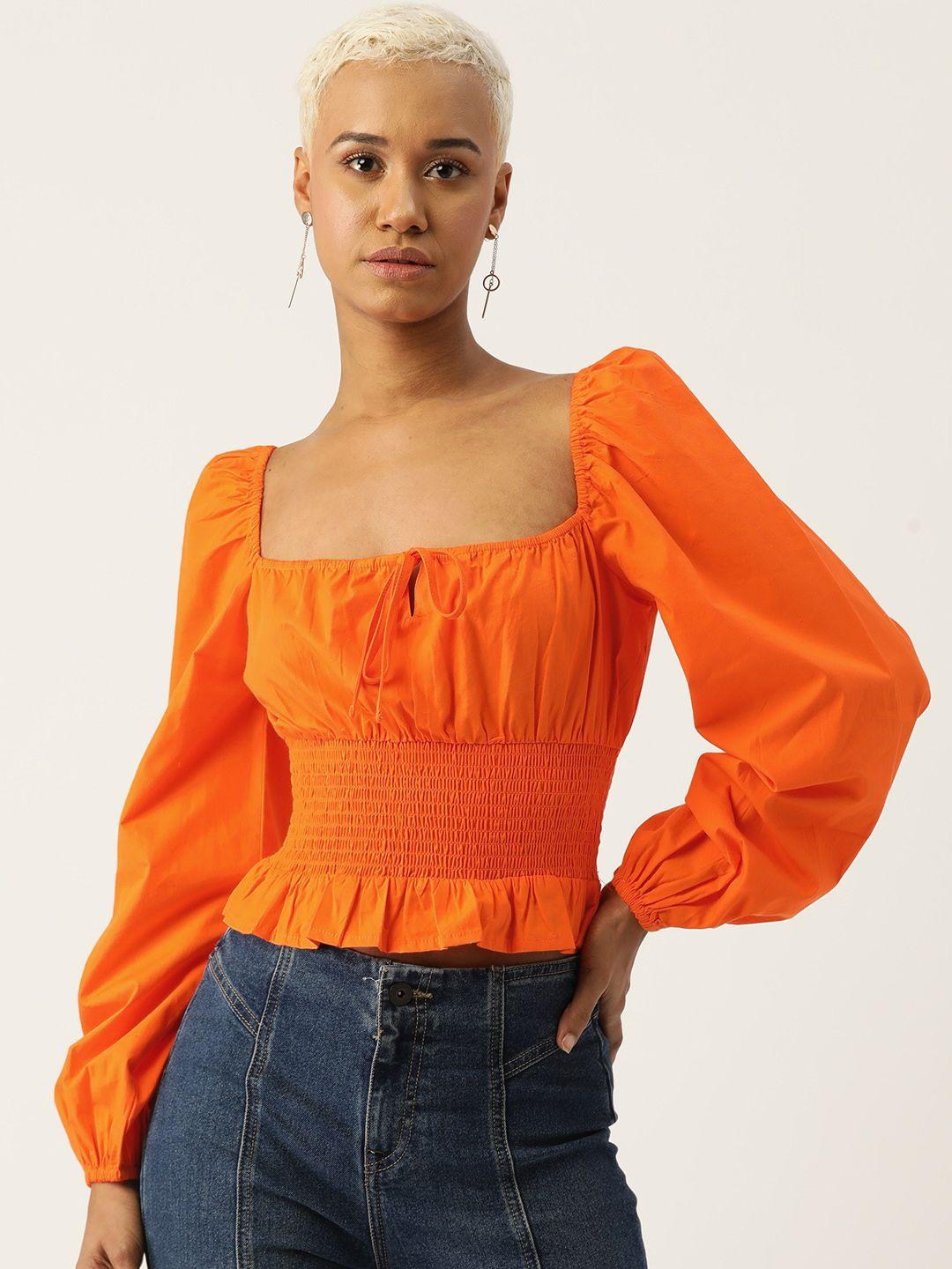 rue collection tie-up neck puff sleeve smocked cotton bardot crop top