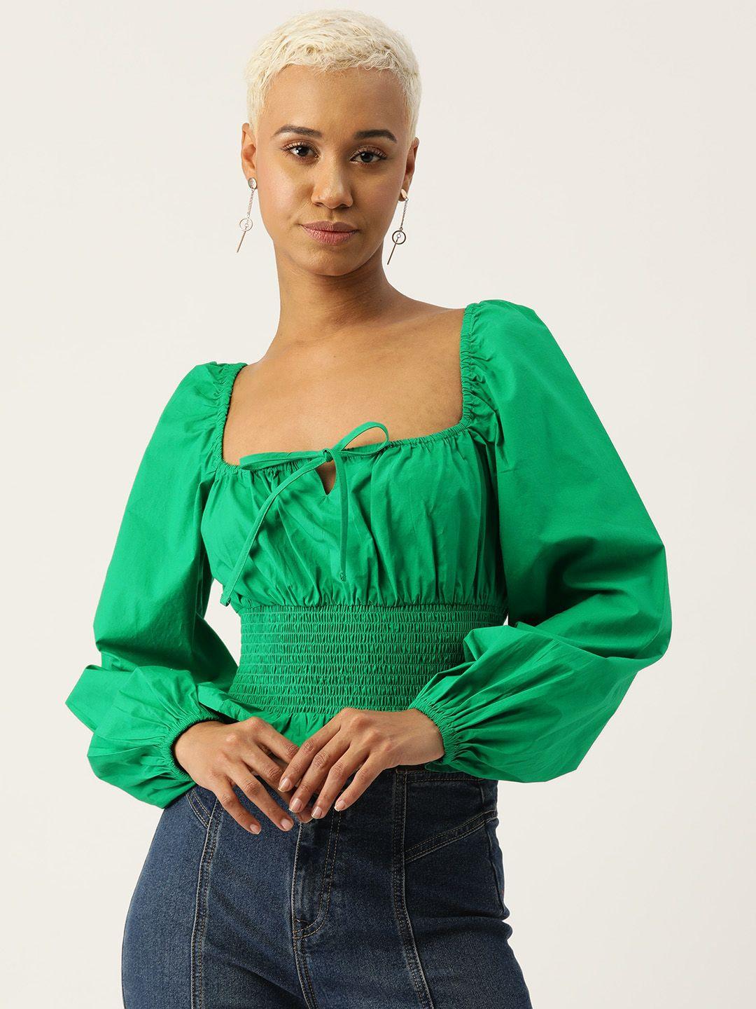 rue collection tie-up neck puff sleeve smocked cotton bardot crop top