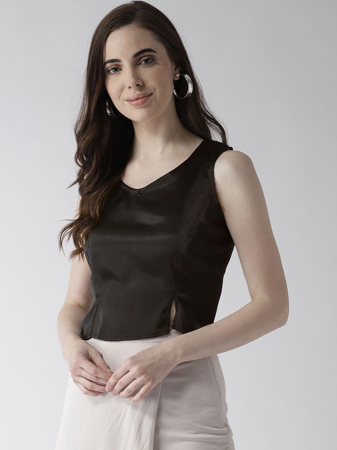 rue collection women black solid satin finish crop top