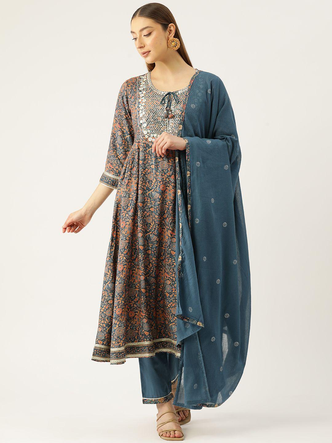 rue collection women blue floral yoke design pleated gotta patti kurta with trousers & with dupatta