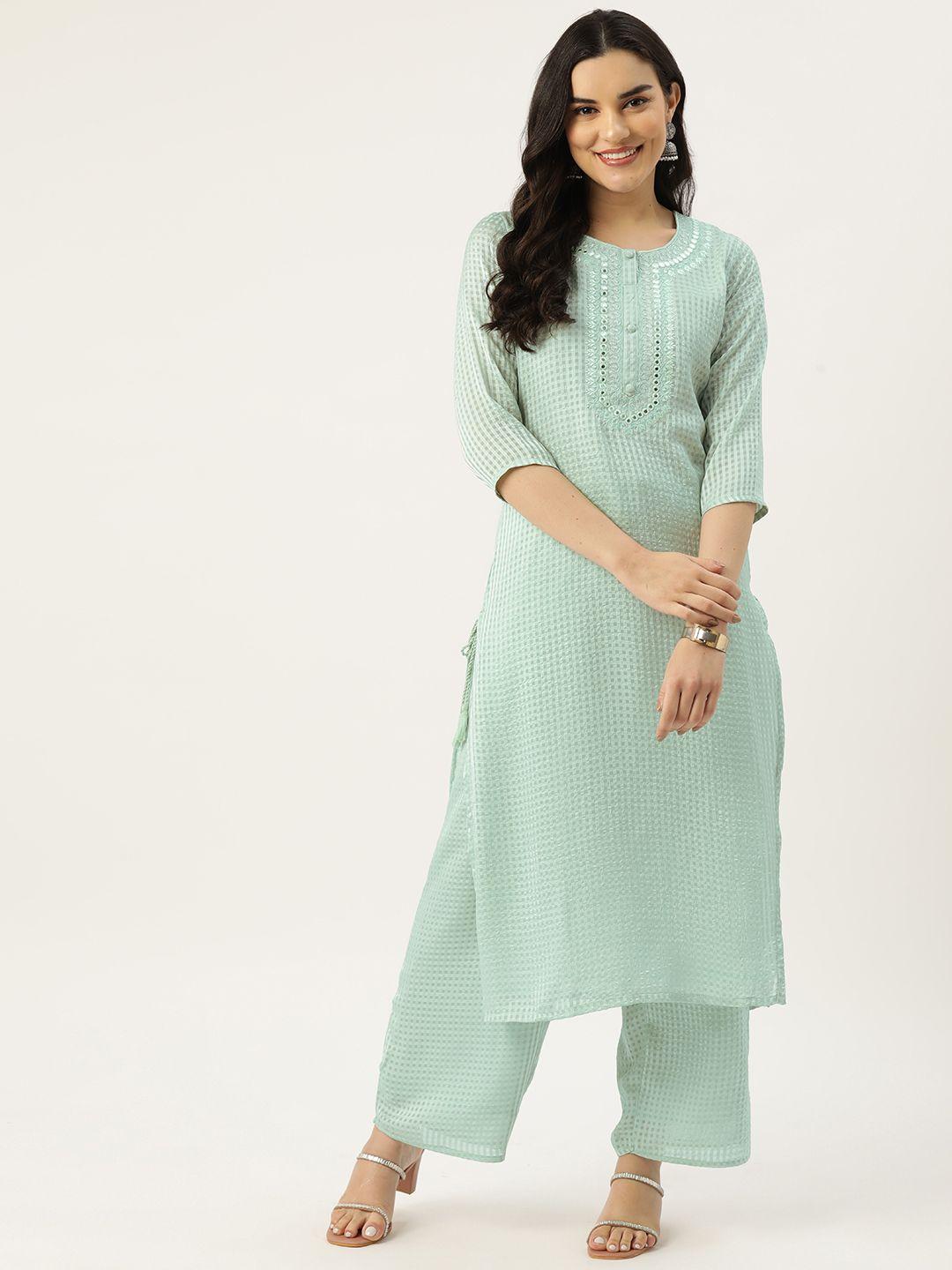 rue collection women checked mirror work kurta with palazzos