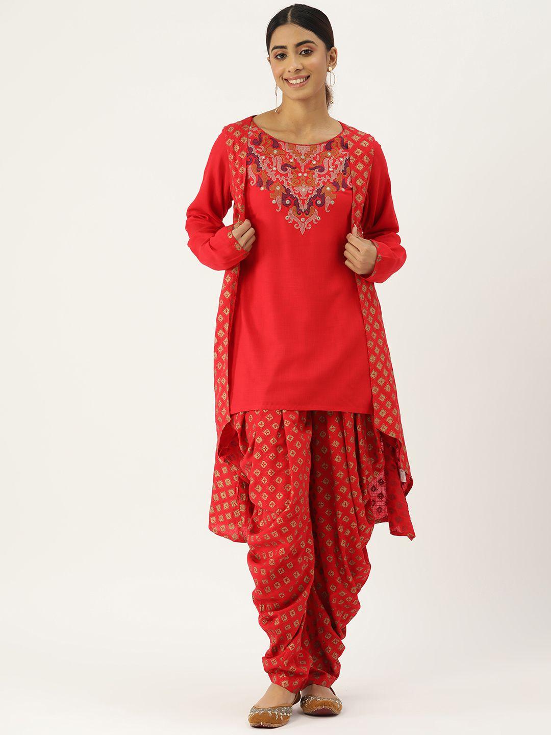 rue collection women embroidered mirror work cotton kurti with dhoti pants & with shrug