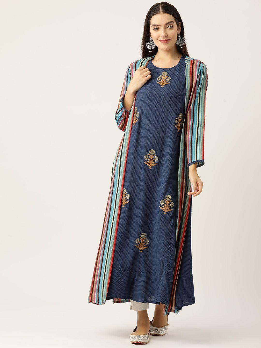 rue collection women ethnic motifs embroidered thread work a-line kurta with shrug