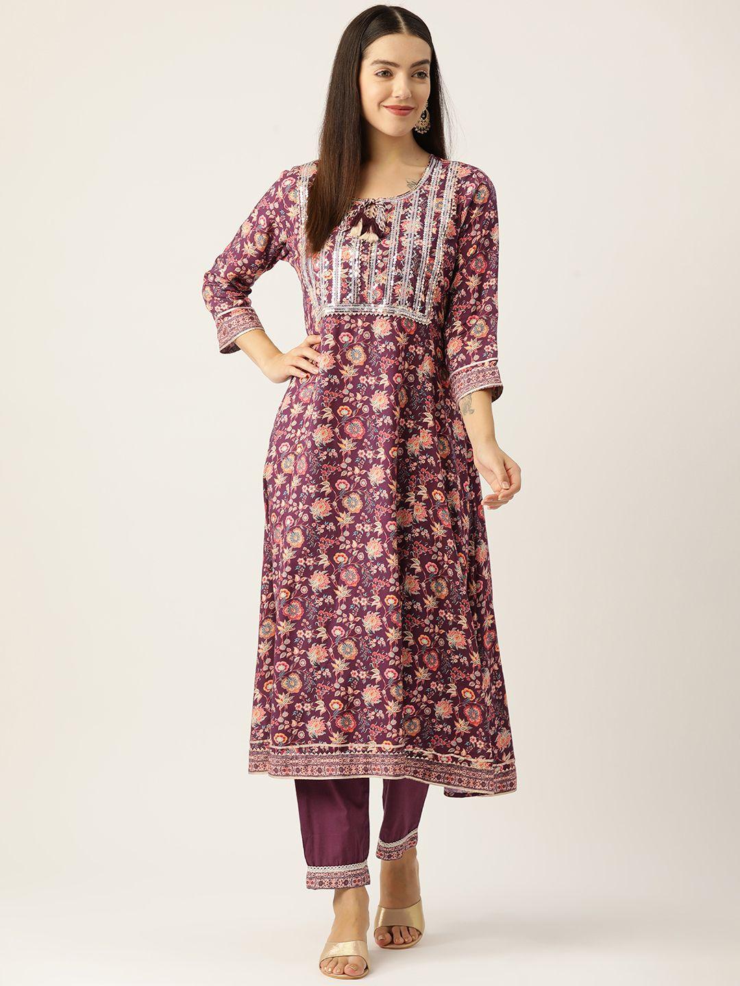 rue collection women floral printed regular sequinned kurta with trousers & with dupatta