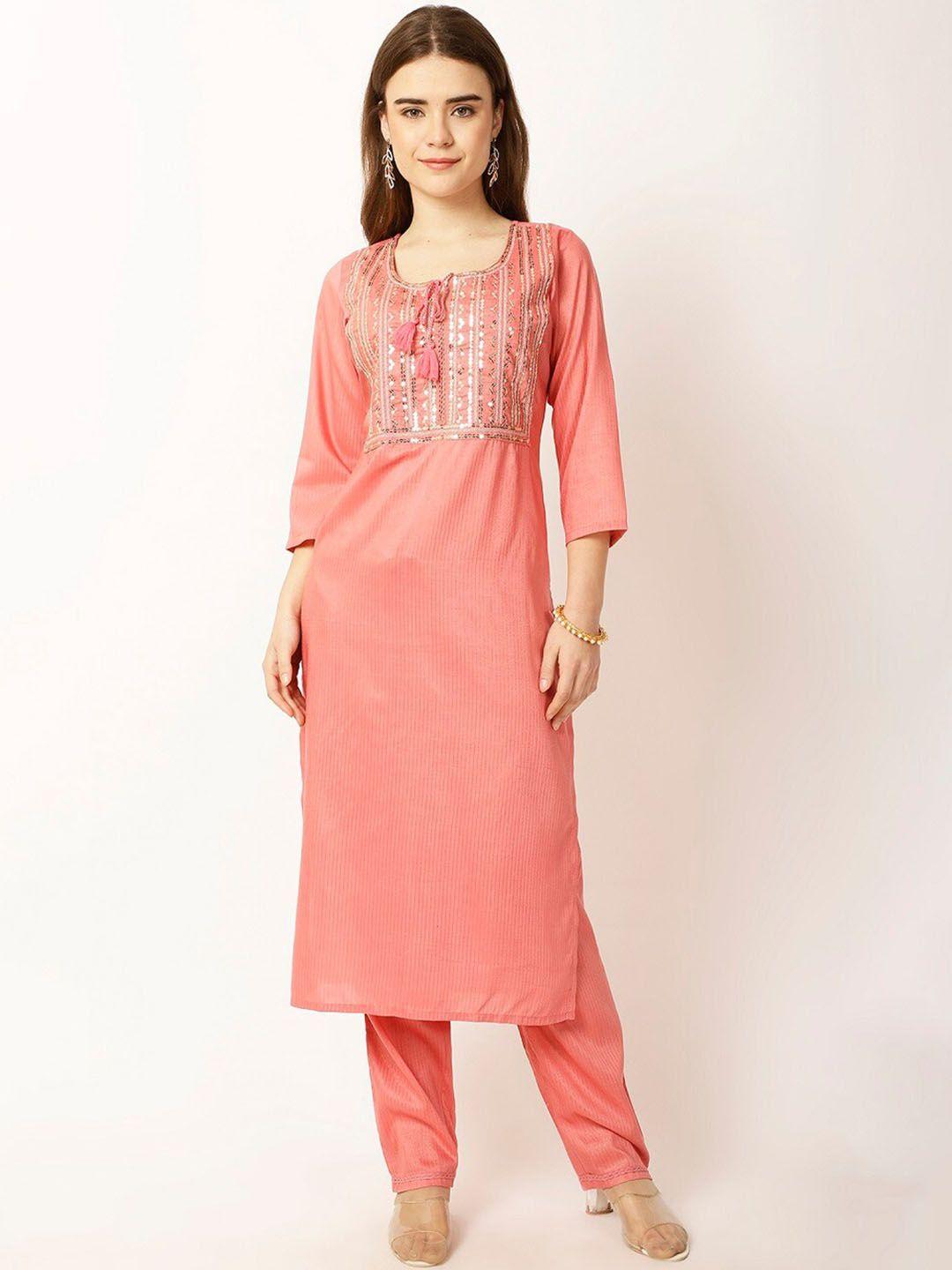 rue collection women floral yoke design regular thread work kurta with trousers