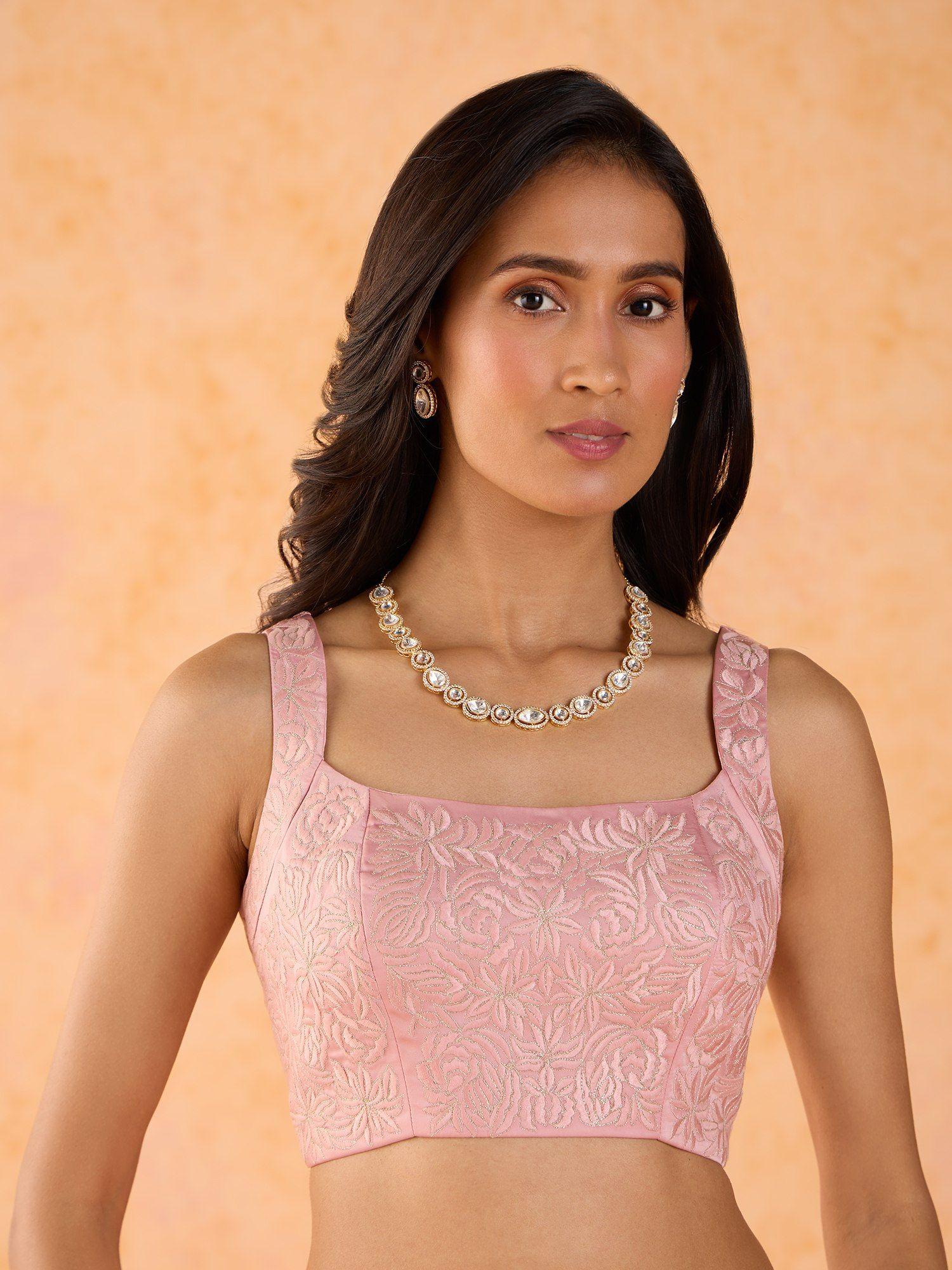 rue de ruffles pink satin wide plunge neck embroidered blouse ggrrbl01