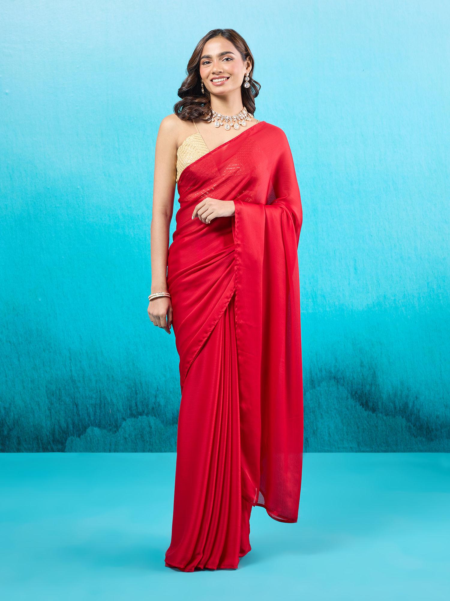 rue de ruffles red solid saree