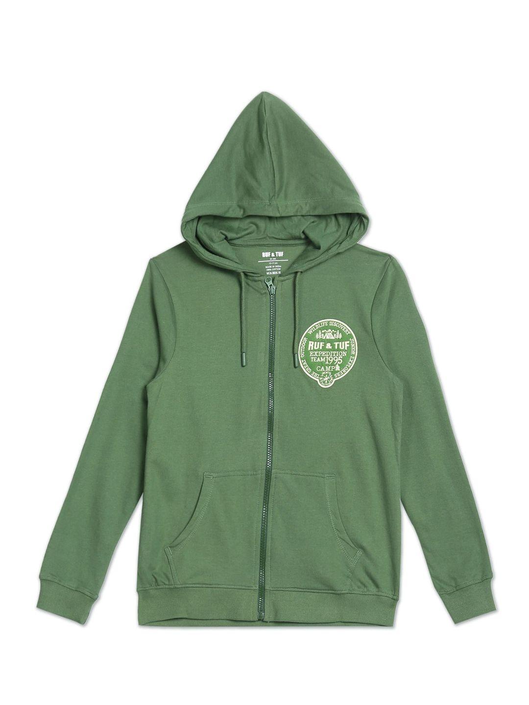 ruf & tuf boys green printed hooded pure cotton sweatshirt