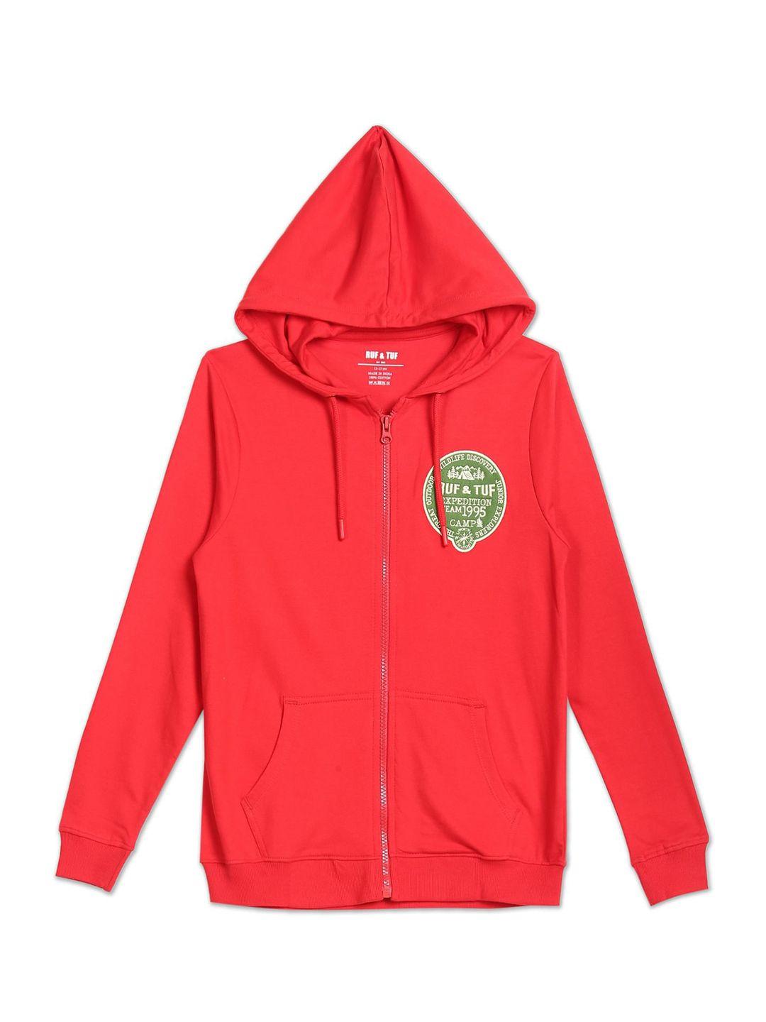 ruf & tuf boys red printed hooded pure cotton sweatshirt