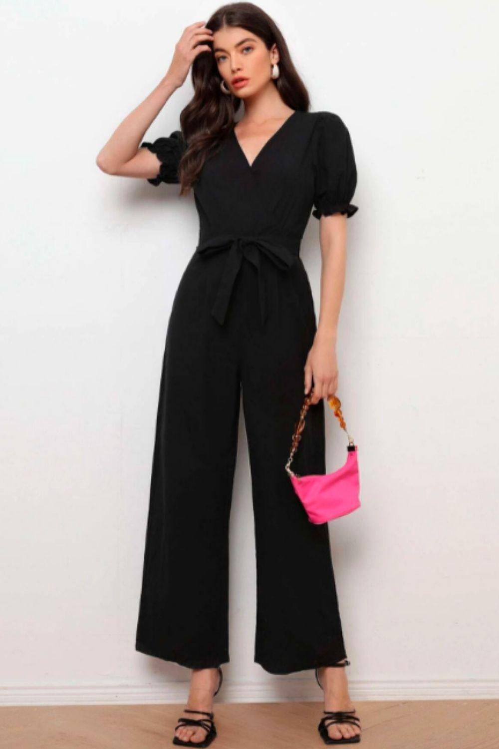 ruffle cuff puff sleeve self belted jumpsuit