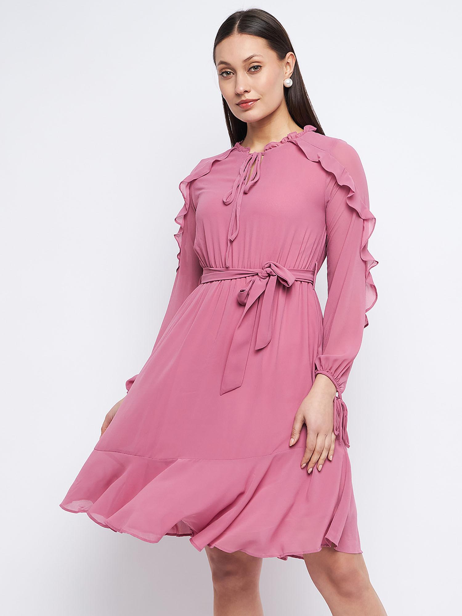 ruffle detail onion pink belted waist dress (set of 2)