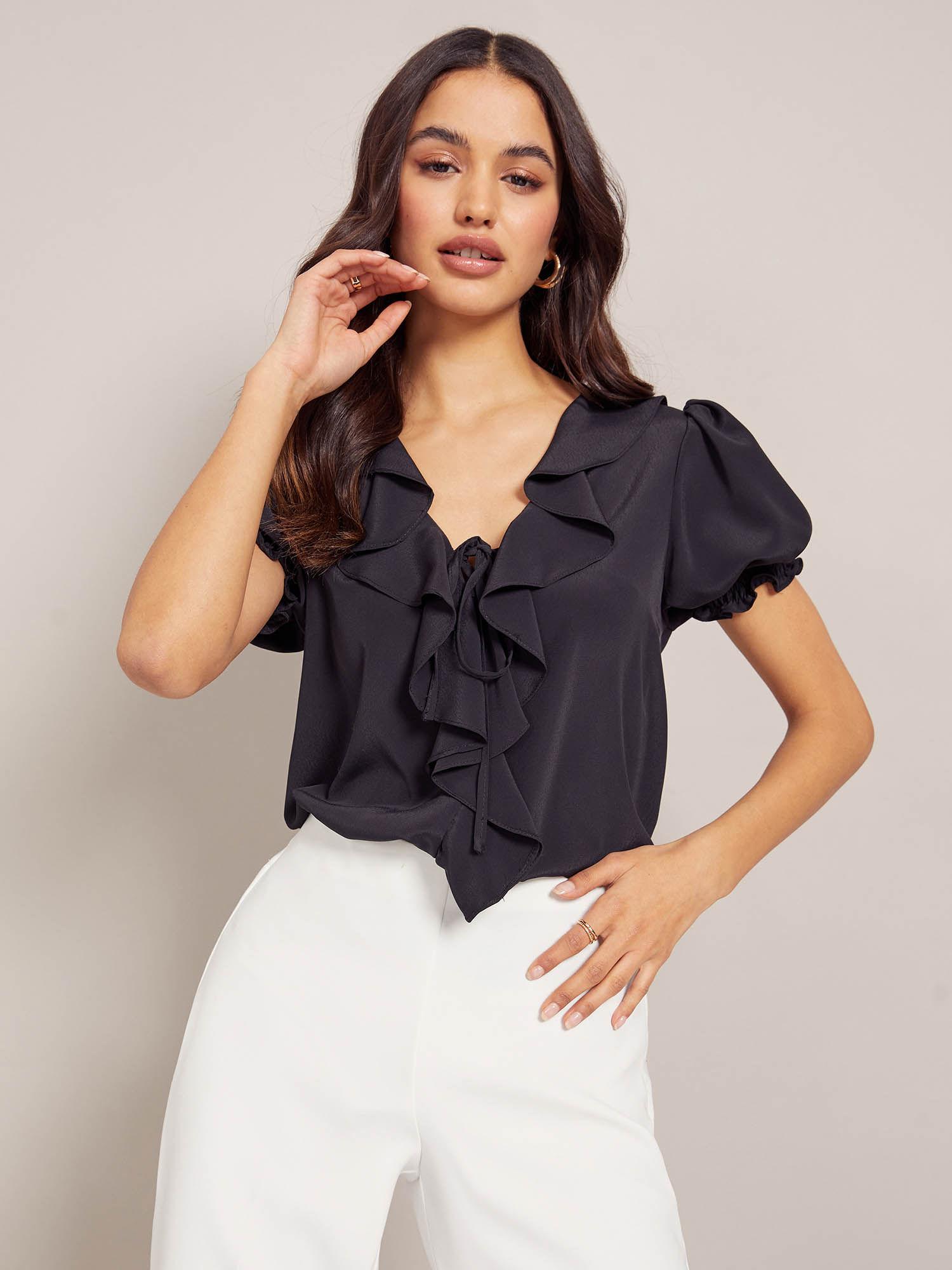 ruffle front puff sleeves top-black