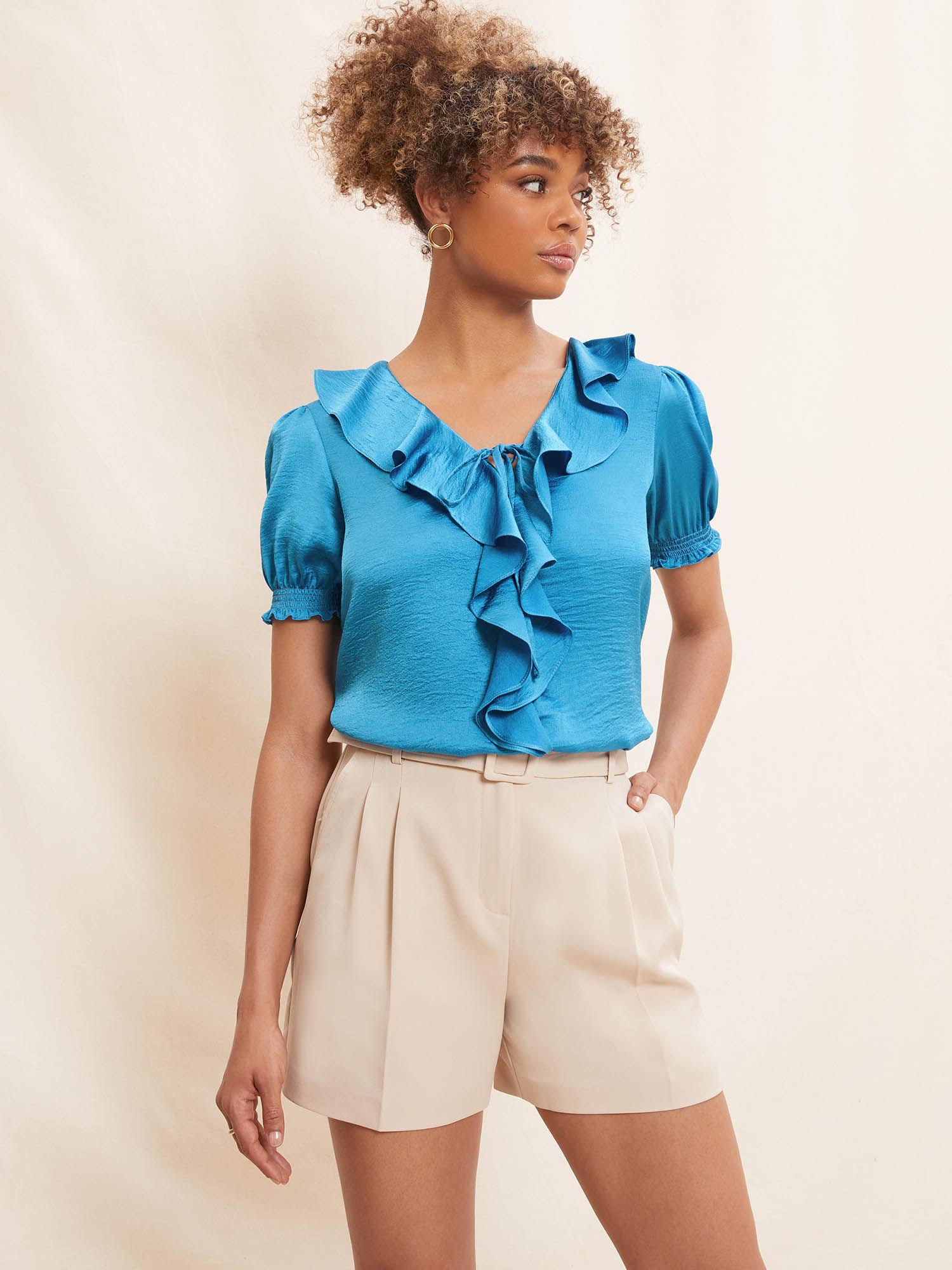 ruffle front puff sleeves top-blue