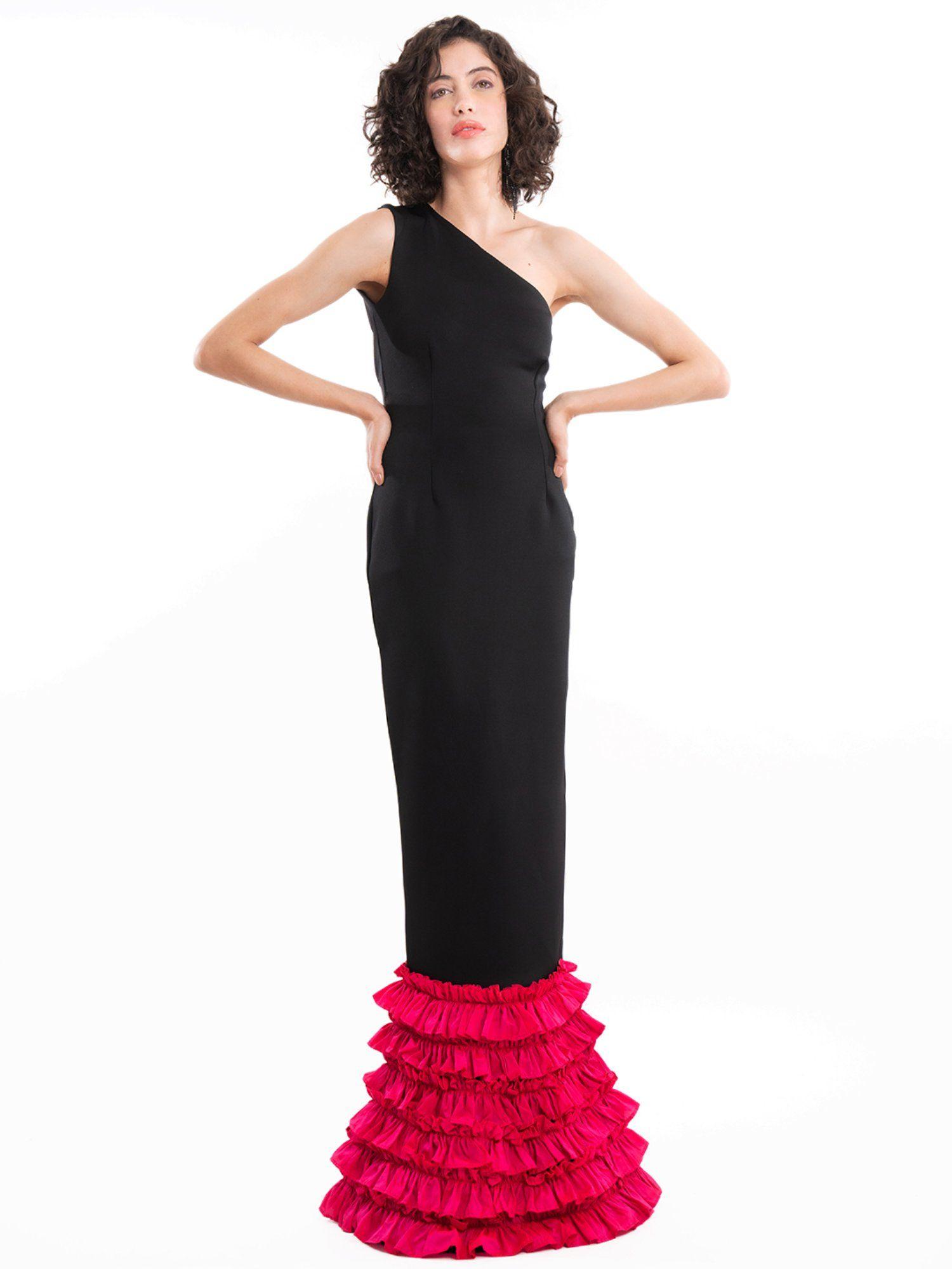 ruffle glam gala black maxi dress