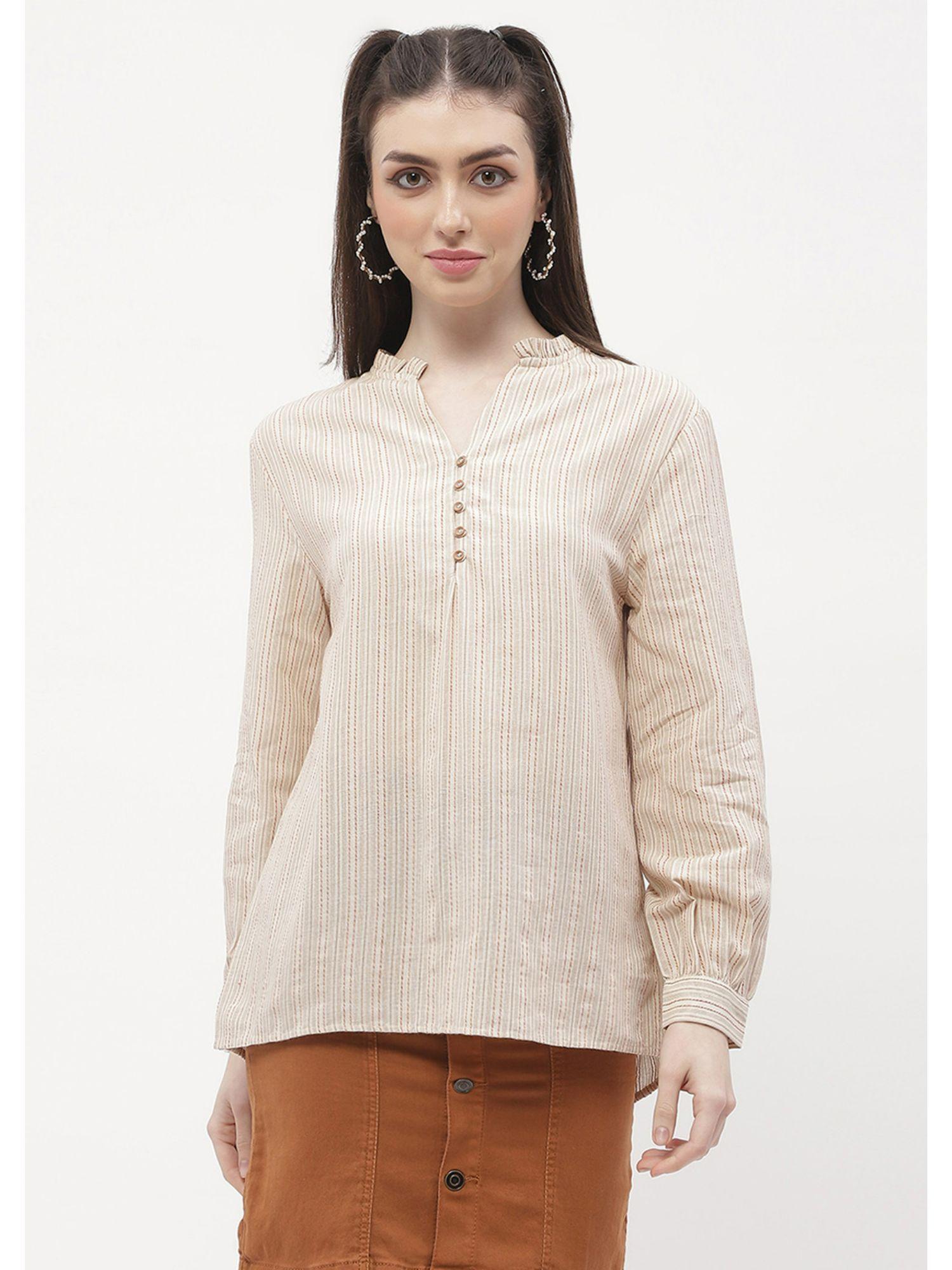 ruffle mandarin collar beige striped top