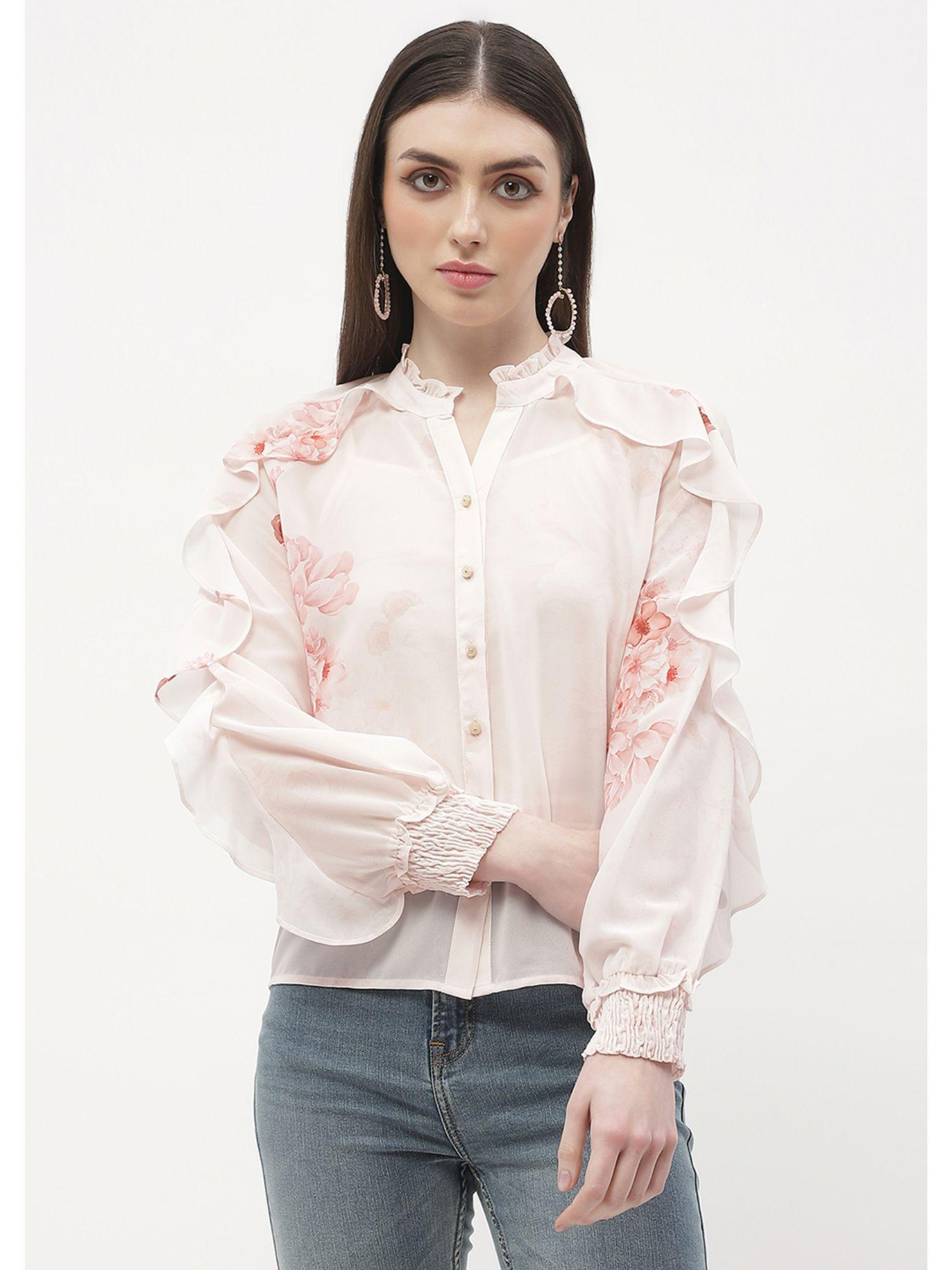 ruffle mandarin collar pink floral shirt