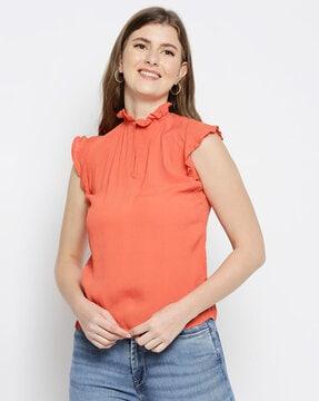 ruffle-neck  top with curved hemline