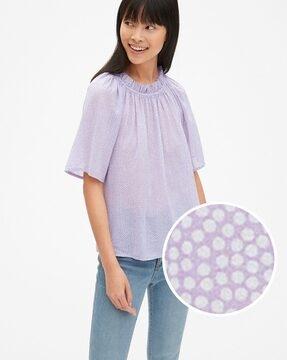 ruffle-neck blouson top with flounce sleeves