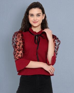 ruffle-neck top with lace sleeves