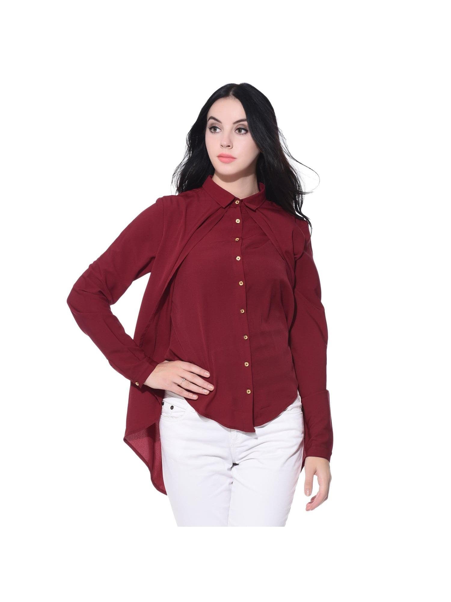 ruffle overlay crepe shirt maroon