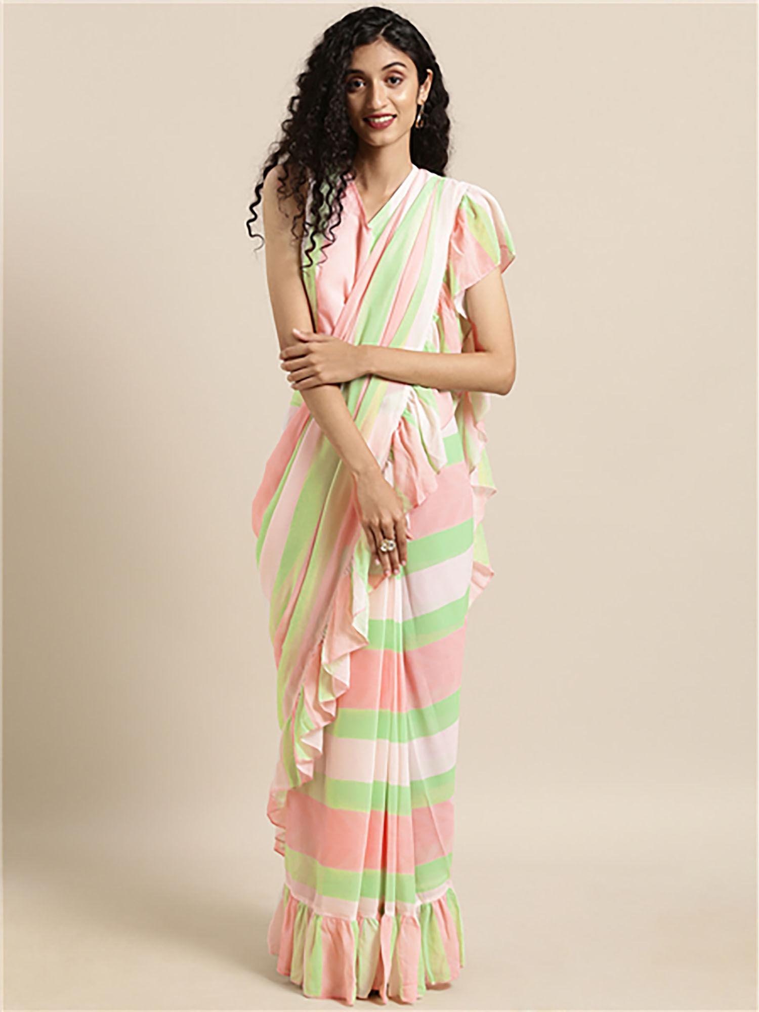 ruffle pink & green stripes ready to wear saree with stitched blouse