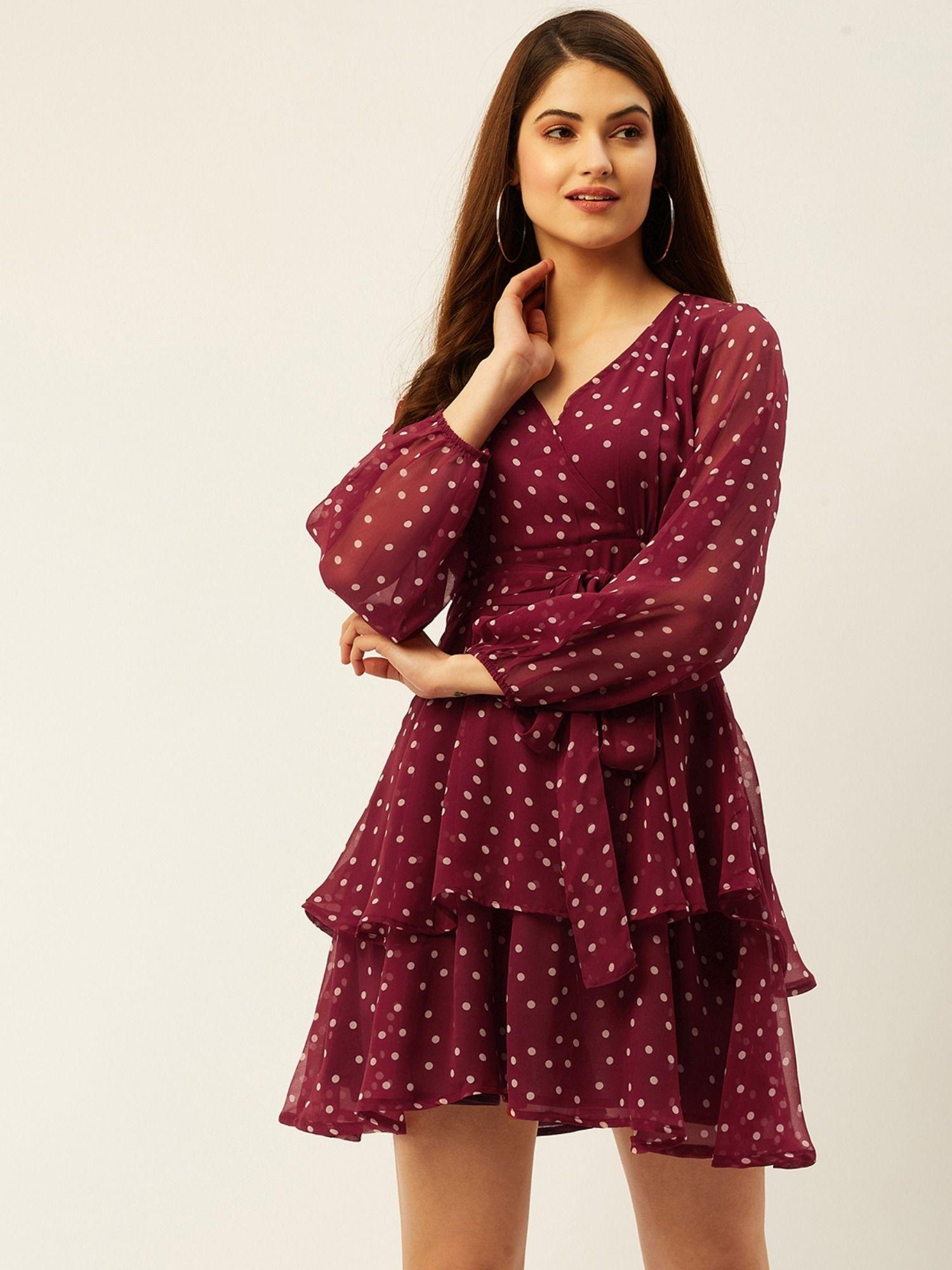 ruffle polka fit & flare maroon dress