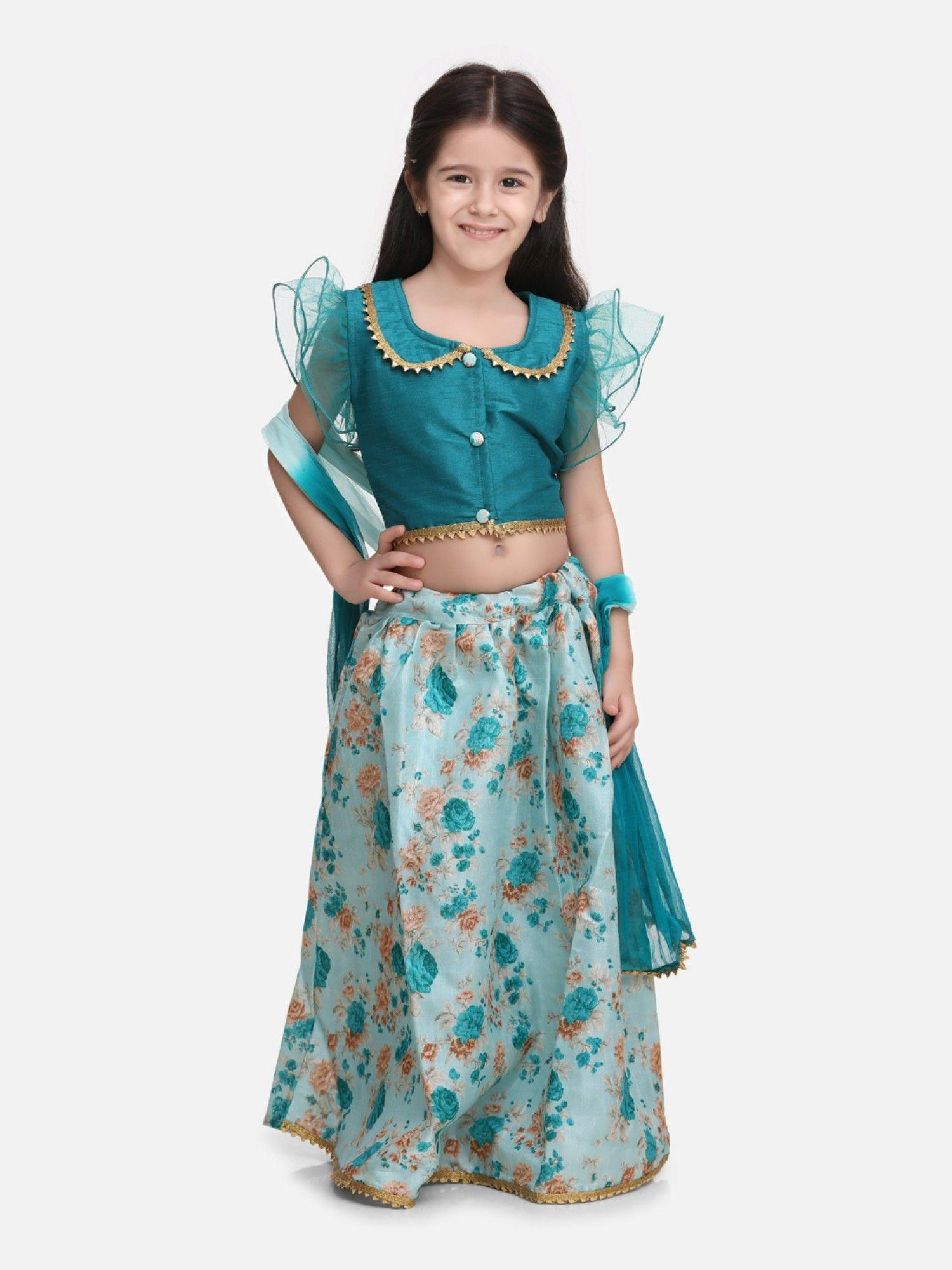 ruffle sleeve collar choli with floral lehenga- blue (set of 3)