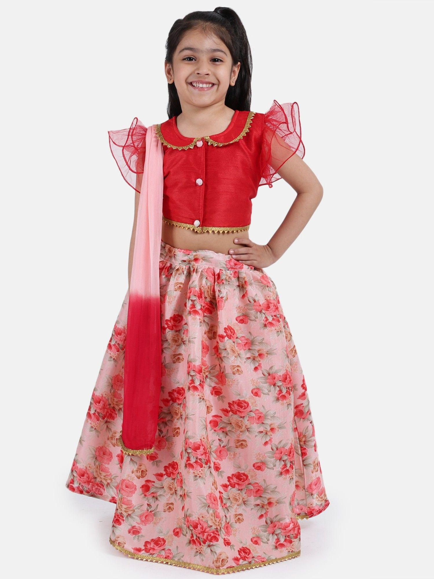 ruffle sleeve collar choli with floral lehenga- red (set of 3)