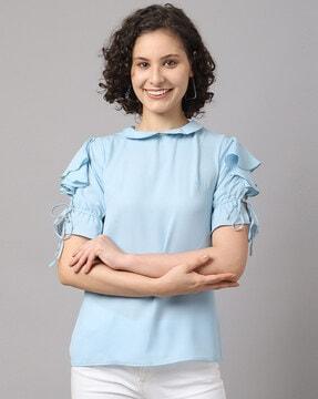 ruffled blouson top with tie-up sleeves