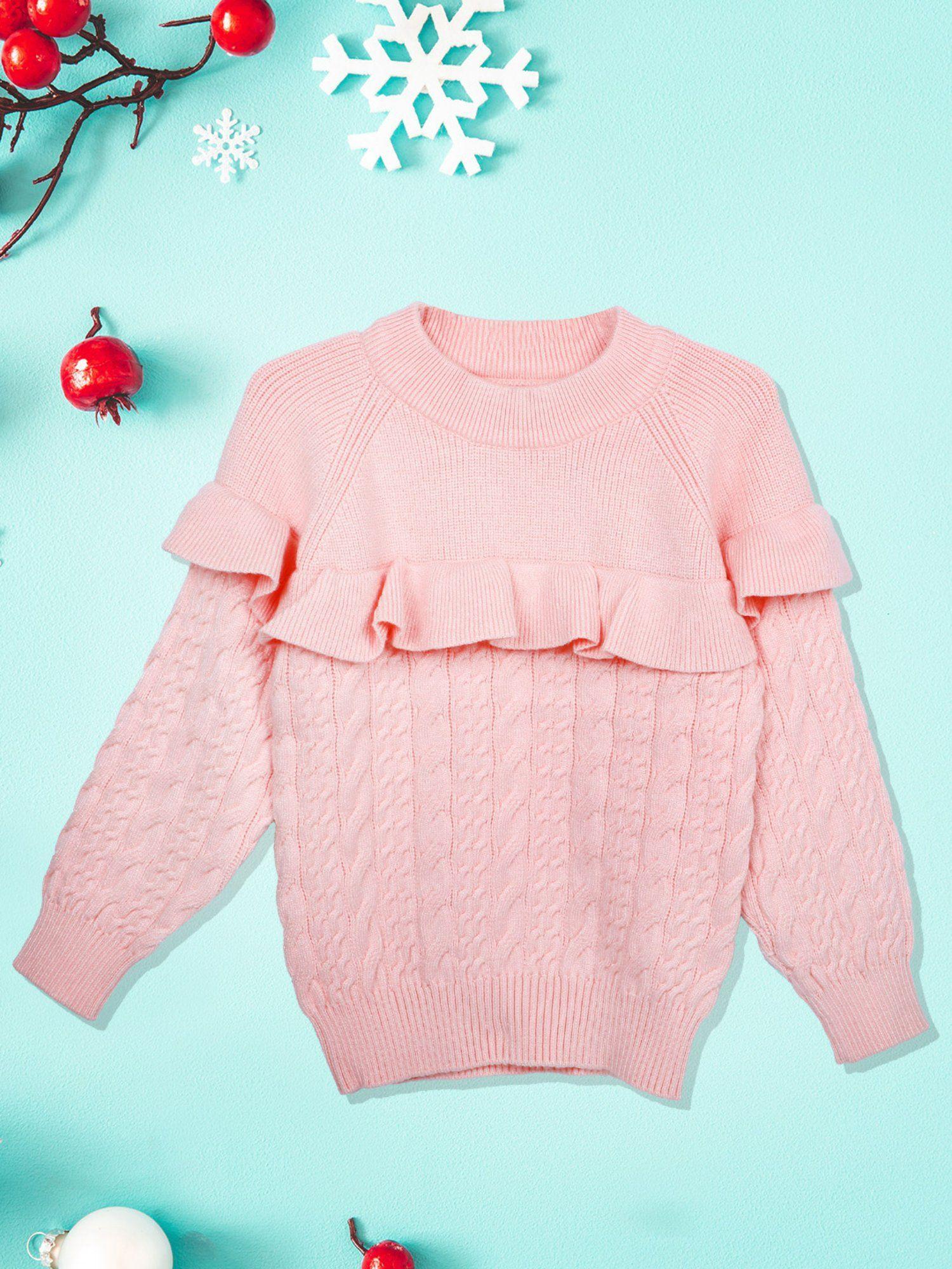 ruffled jumper premium full sleeves braided knit sweater pink