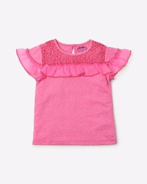 ruffled round-neck t-shirt with lace panel