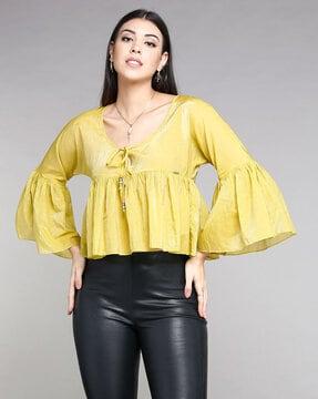 ruffled round-neck top with bell-sleeves