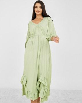 ruffled a-line midi dress with lace insert