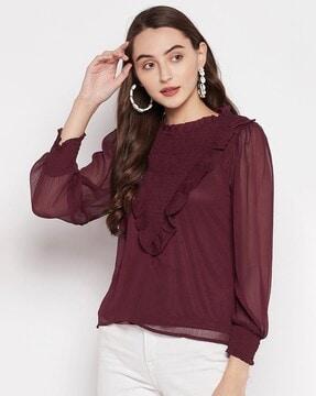 ruffled boat-neck top with bishop sleeves