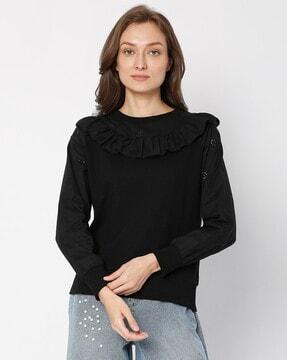 ruffled crew-neck sweatshirt with cuffed sleeves