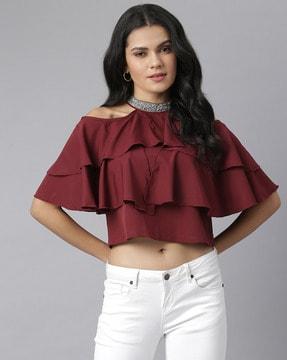 ruffled crop top with embellishments