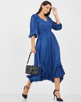 ruffled hem lace insert a-line dress