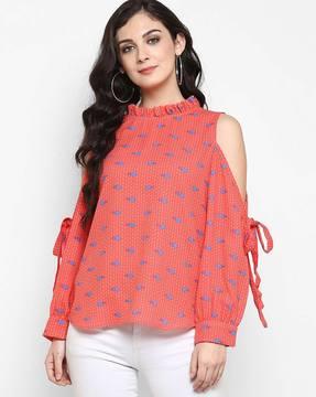 ruffled high-neck top with cold-shoulders