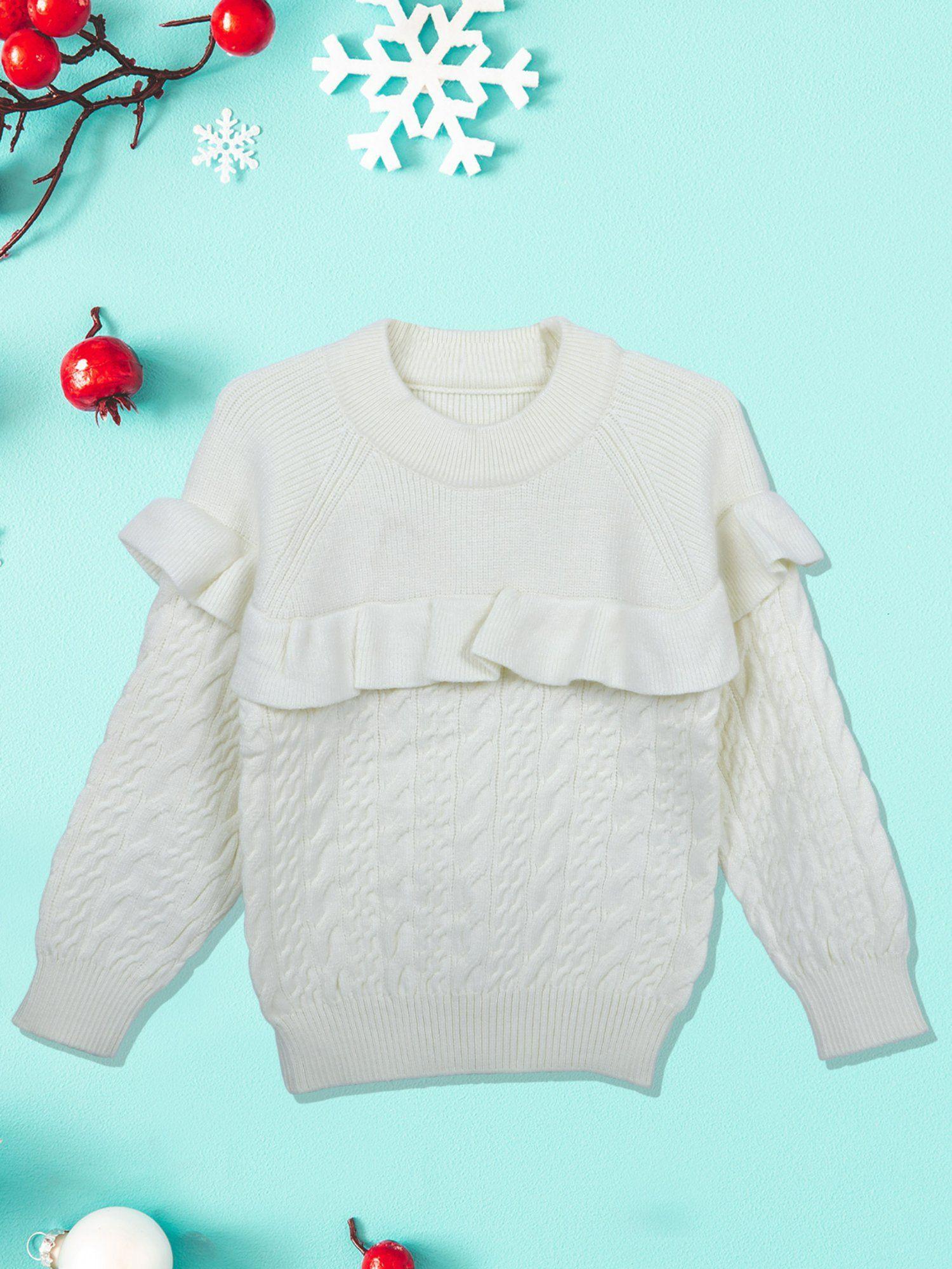ruffled jumper premium full sleeves braided knit sweater white