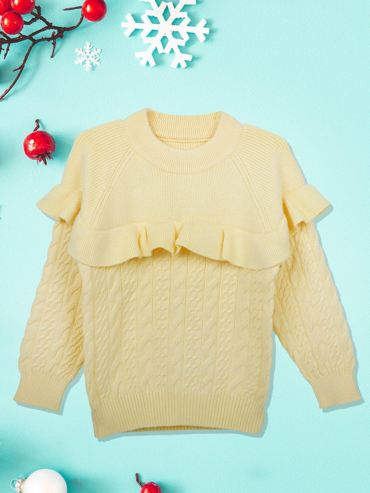 ruffled jumper premium full sleeves braided knit sweater yellow