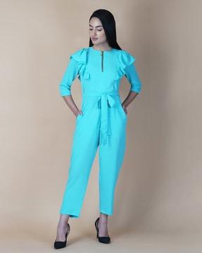ruffled jumpsuit with waist tie-up