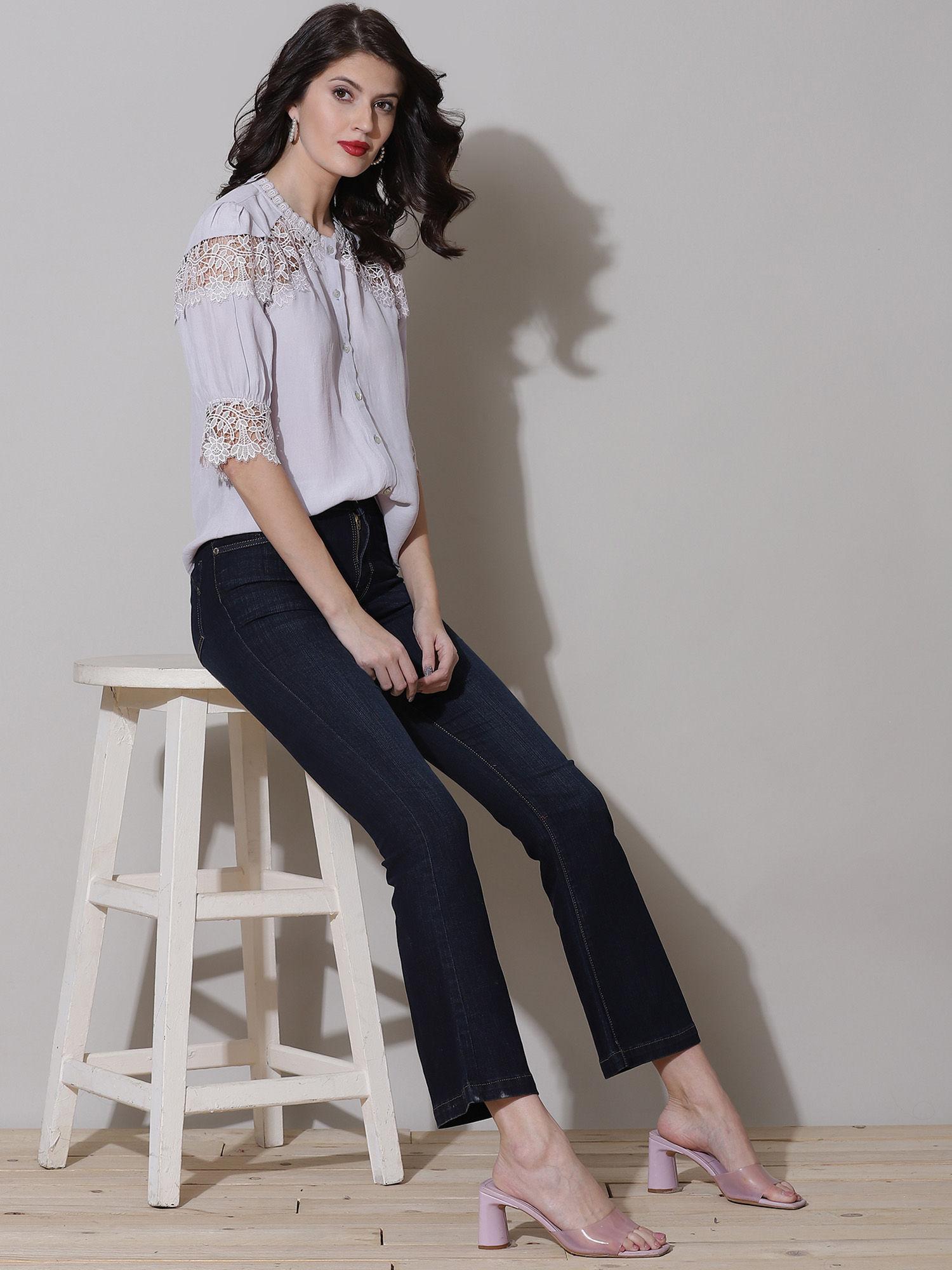 ruffled neck 3/4th sleeves solid shirt