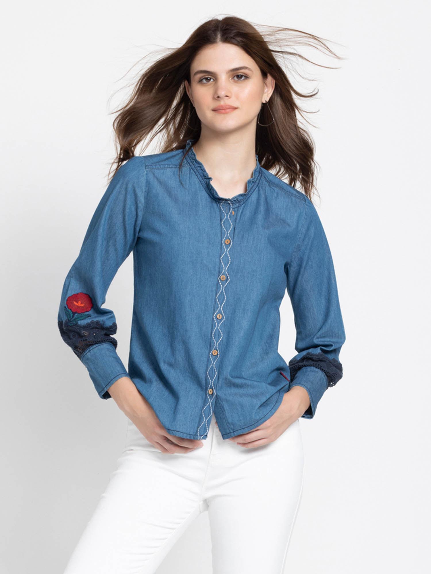 ruffled neck blue solid full sleeves casual shirt for women