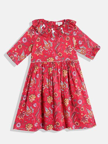 ruffled neck fit and flare casual floral print half sleeve girls dress red