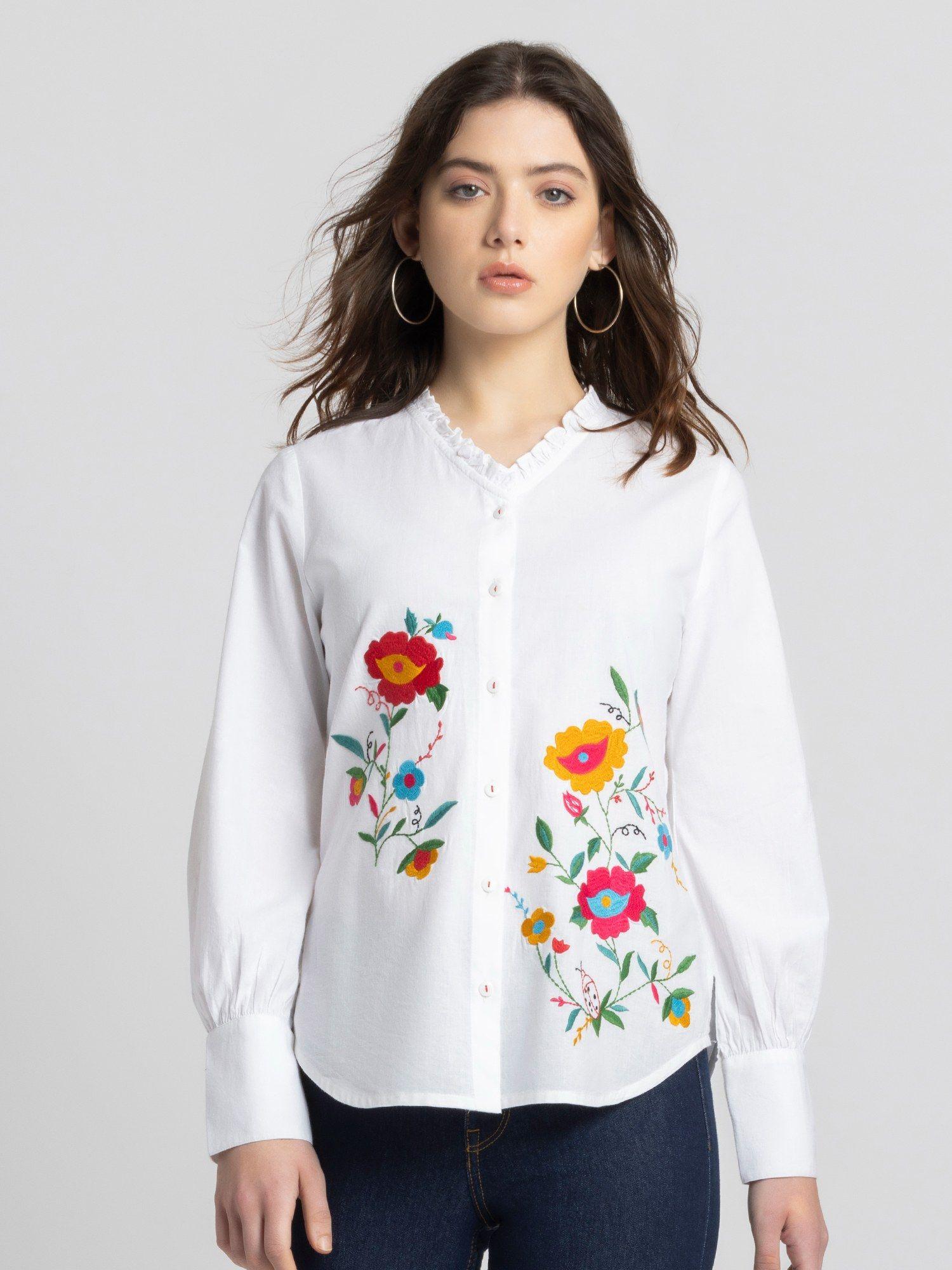 ruffled neck white embroidered long sleeves casual shirt for women