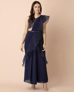 ruffled pre-stitched saree with belt