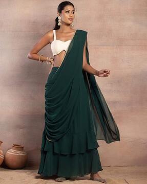 ruffled pre-stitched saree with lace border
