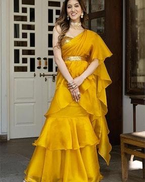 ruffled saree with embellished blouse piece
